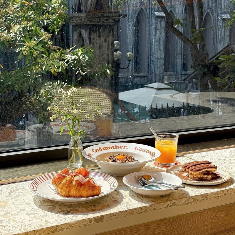 If you grab a seat outdoors, you’ll have a direct view of St. Joseph’s Cathedral