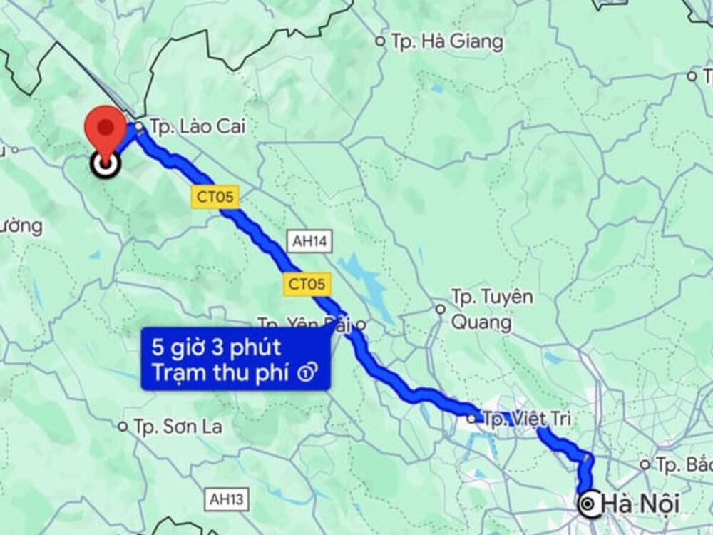Map showing distance from Hanoi to Sapa Vietnam