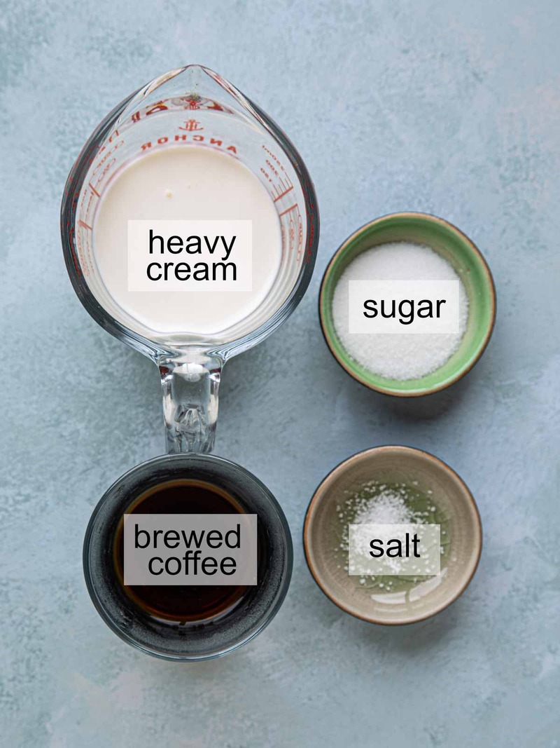 Ingredients for Salt Coffee Vietnam (Cà Phê Muối) recipe including heavy cream, sugar, sea salt, and strong brewed Robusta coffee.