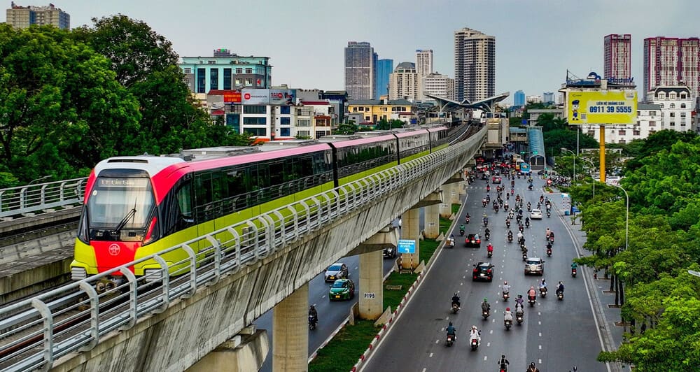 Hanoi metro system with elevated train and modern stations
