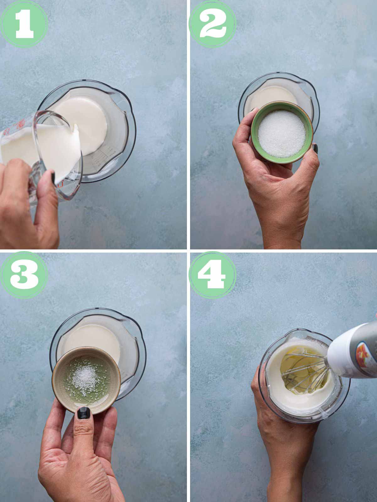 4 steps to make salted foam for Vietnamese coffee: pouring heavy cream, adding sugar, adding sea salt, and whisking with a handheld frother.